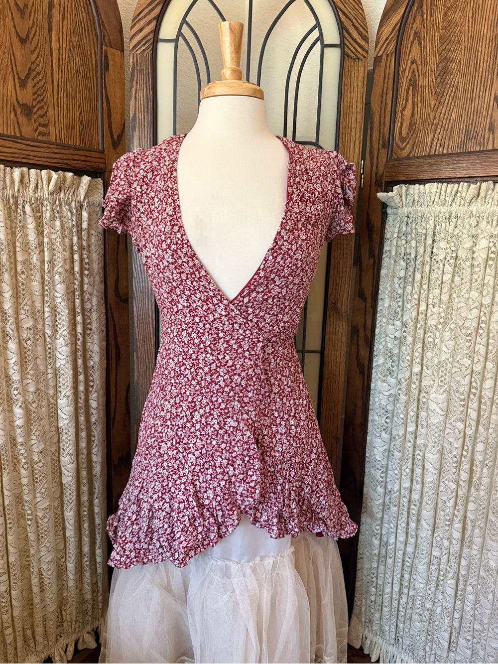 miami Burgundy Floral Wrap V-Neck Short Sleeve Tunic